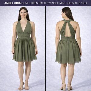 Angel Biba Olive Green V-Neck Mini Dress AU 8 / US 4